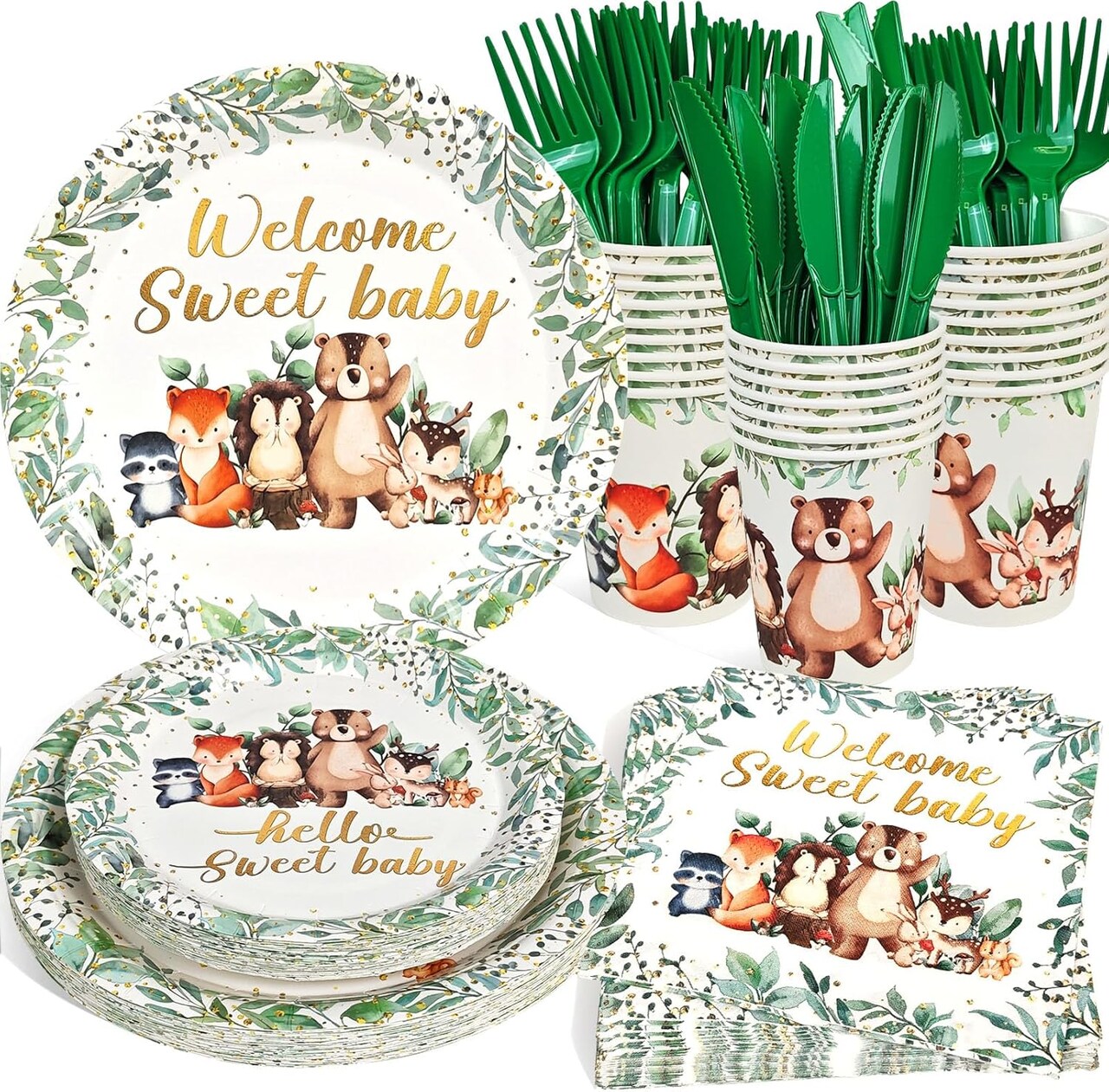 150 PCS Woodland Baby Shower Plates Set Decorations - Woodland Animals Paper Plate Cups and Napkins Disposable Tableware Woodland Theme